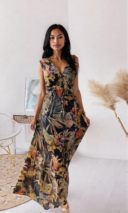 Leaf Print Sleeveless Maxi Dress Black