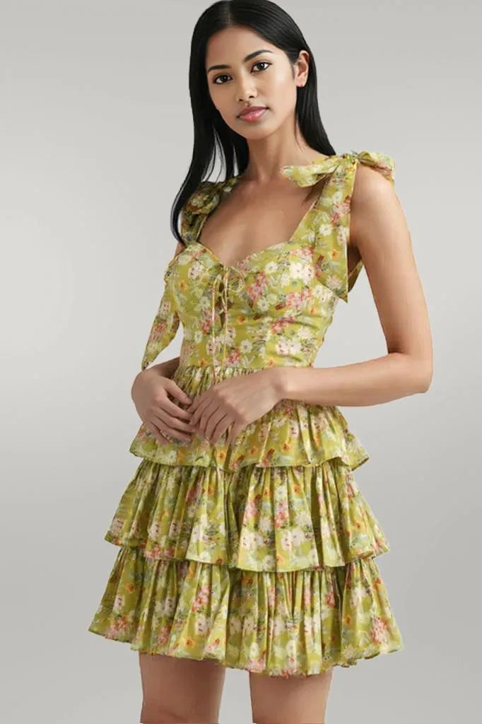 MABLE Floral Print Shoulder Tie Layered Mini Dress