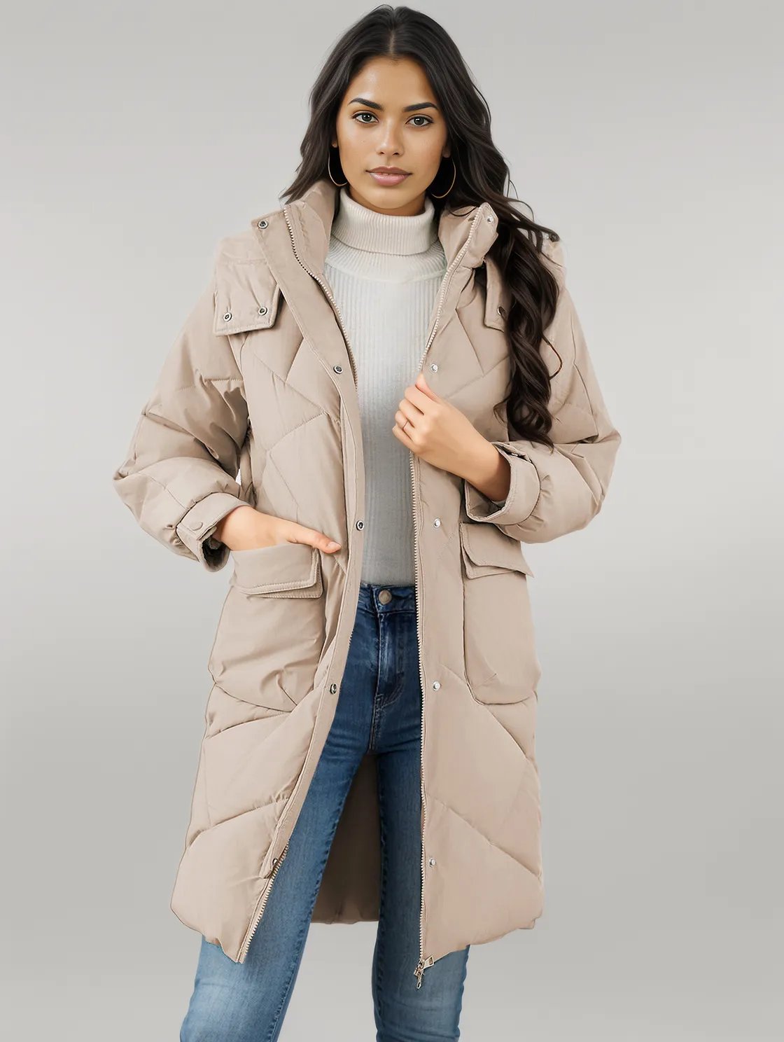 Long Sleeve Longline Hooded Winter Coat with Pockets