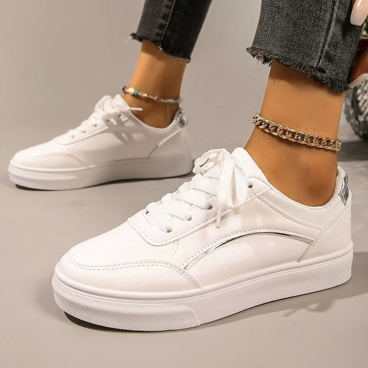 PU Leather Round Toe Flat Sneakers Silver