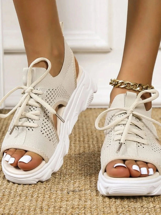 Open Toe Lace Up Sandals Cream