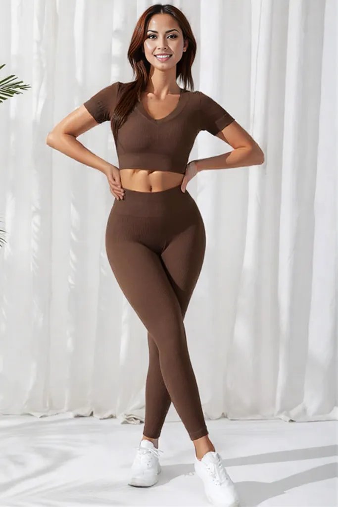 V-Neck Crop Top and High Waistband Long Active Pants Chocolate