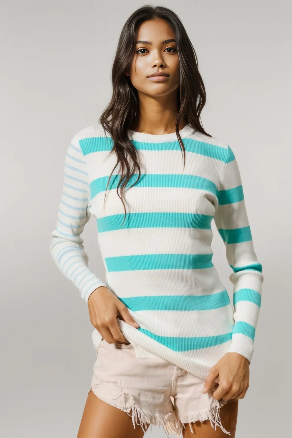 BiBi Contrast Striped Asymmetrical Hem Knit Top Mint Ivory