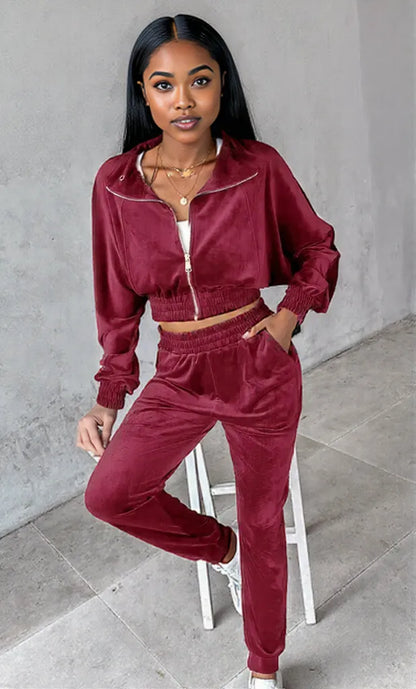 Zip Up Long Sleeve Cropped Top and Joggers Set Burgundy