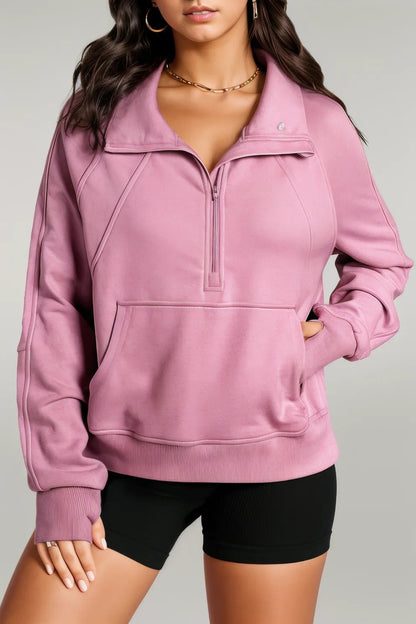 Black Quarter Zip Stand Neck Kangaroo Pocket Sweatshirt Valerian 50%Polyester+50%Cotton