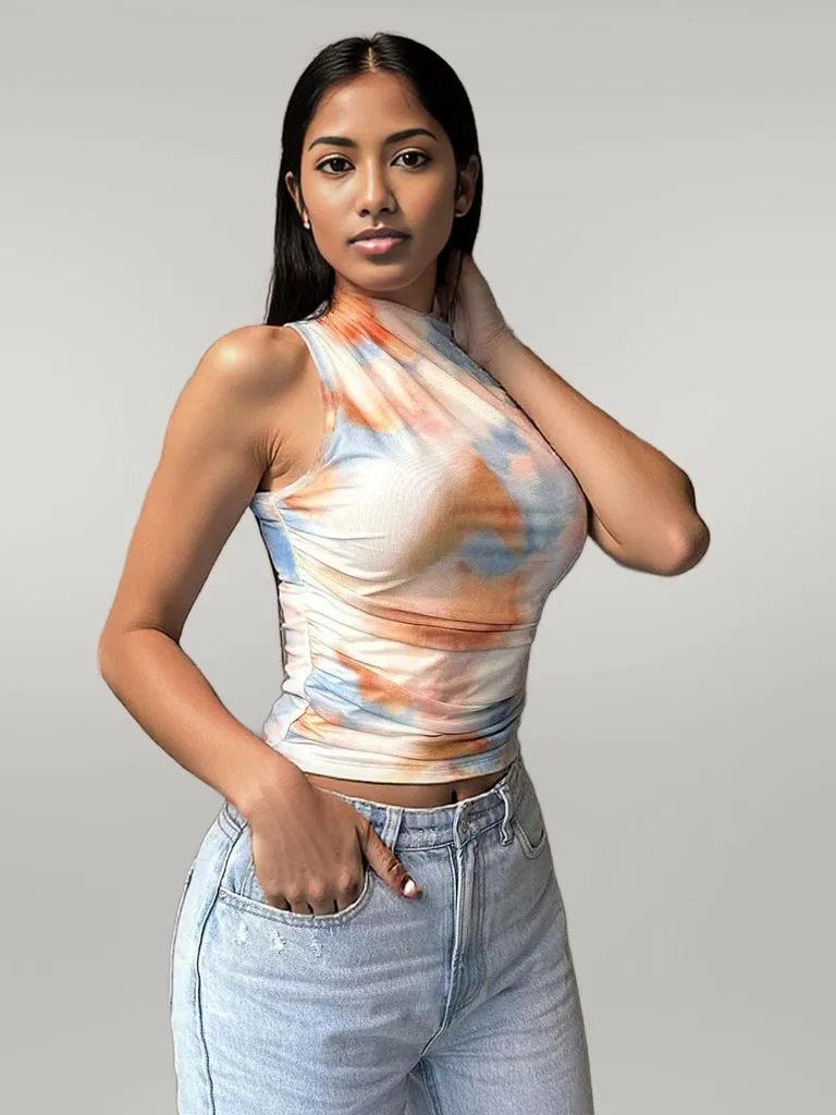 Printed Mock Neck Ruched Tank