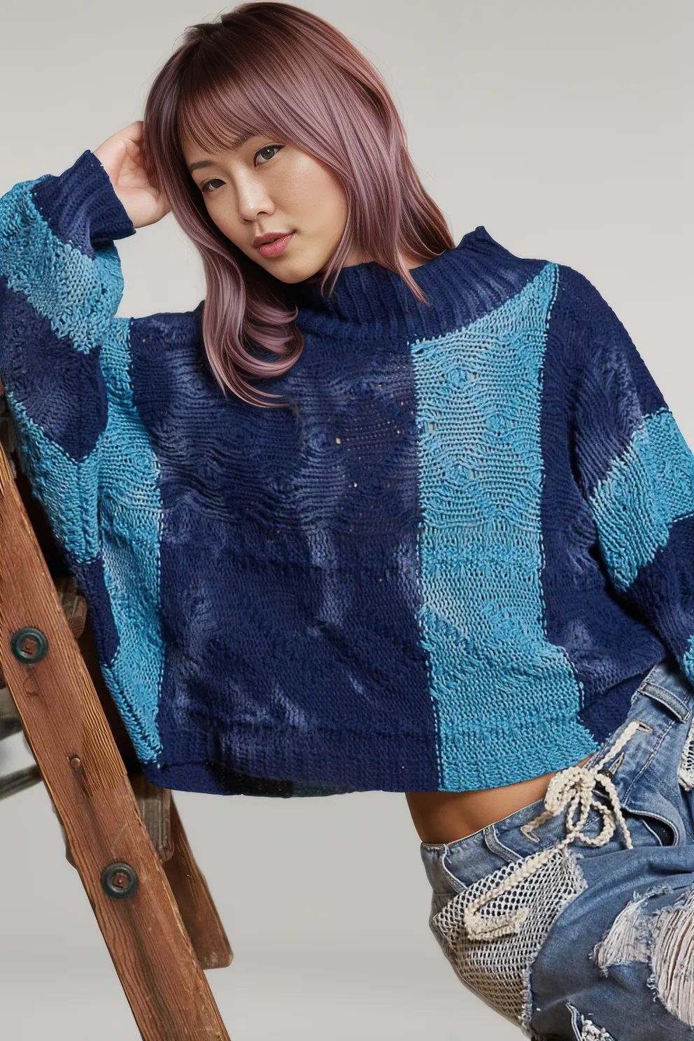 POL Mock Neck Color Block Sweater