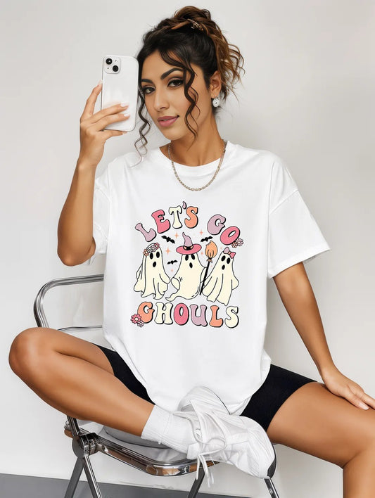 Round Neck Short Sleeve LET'S GO GHOULS Graphic T-Shirt White