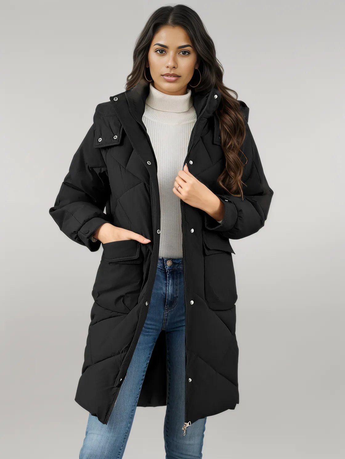 Long Sleeve Longline Hooded Winter Coat with Pockets Black