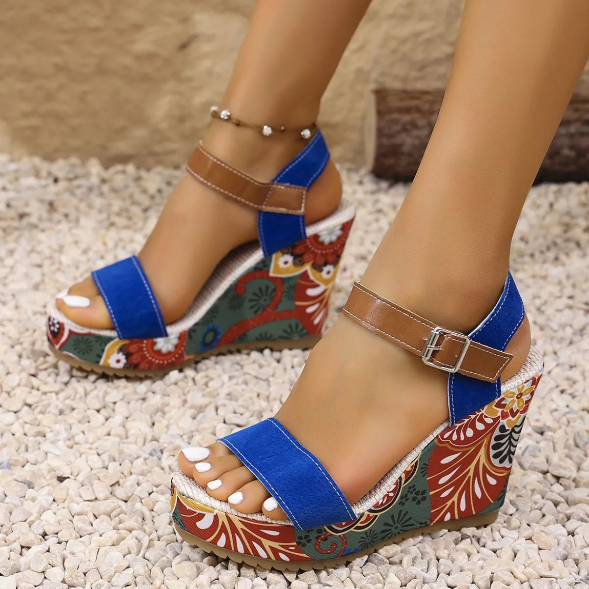 Open Toe Wedge Sandals Blue