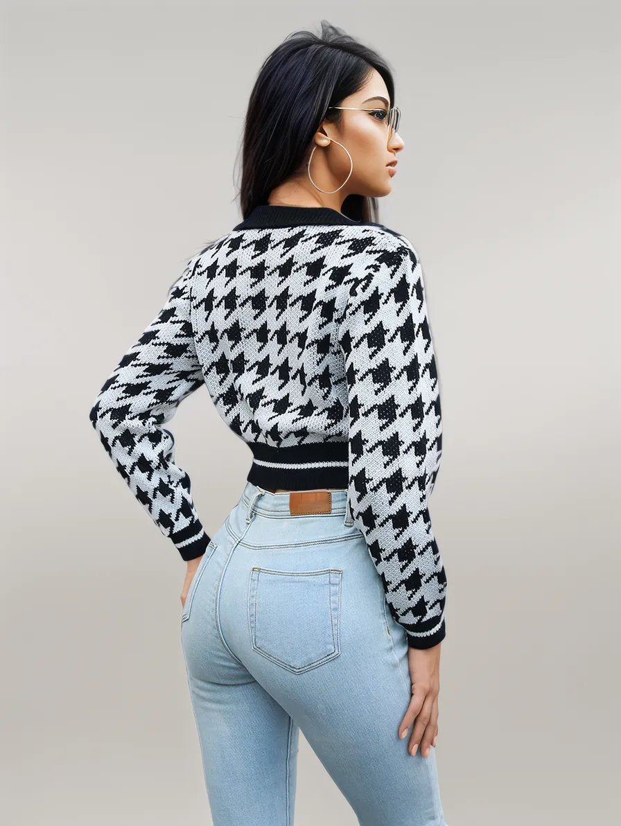 Houndstooth Johnny Collar Cropped Sweater