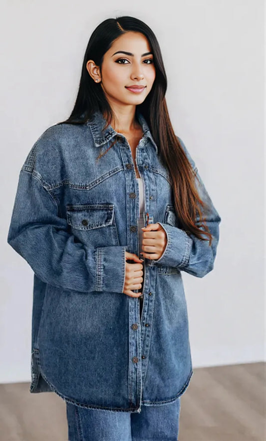 Snap Down Dropped Shoulder Denim Jacket Dark Blue