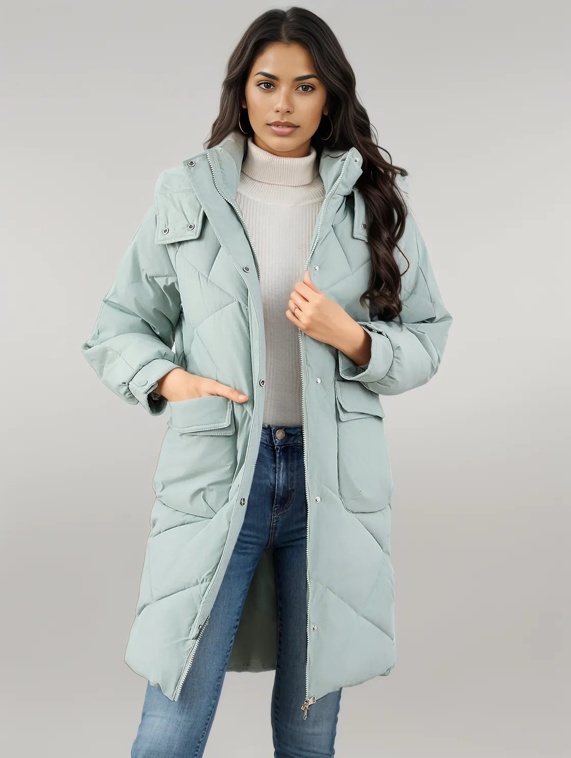 Long Sleeve Longline Hooded Winter Coat with Pockets Sage