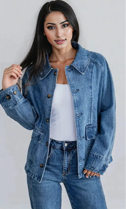 Button Up Raglan Sleeve Denim Jacket Blue