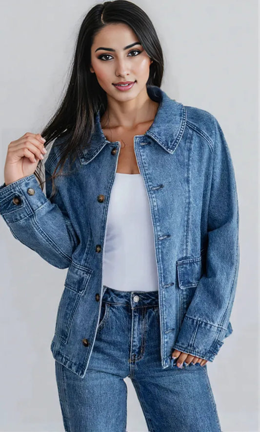 Button Up Raglan Sleeve Denim Jacket Blue