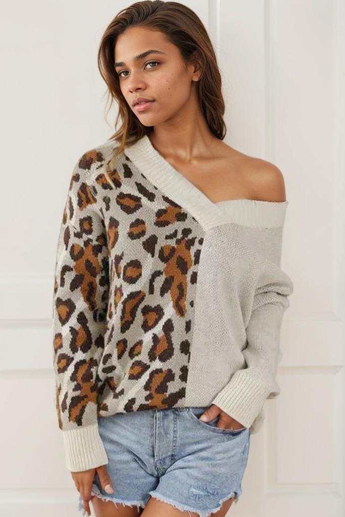 Leopard V Neck Drop Shoulder Sweater