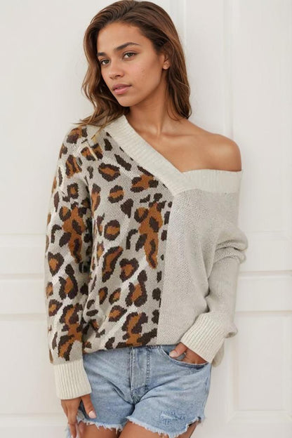 Leopard V Neck Drop Shoulder Sweater