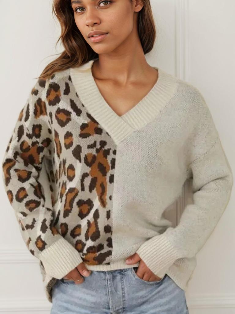 Leopard V Neck Drop Shoulder Sweater