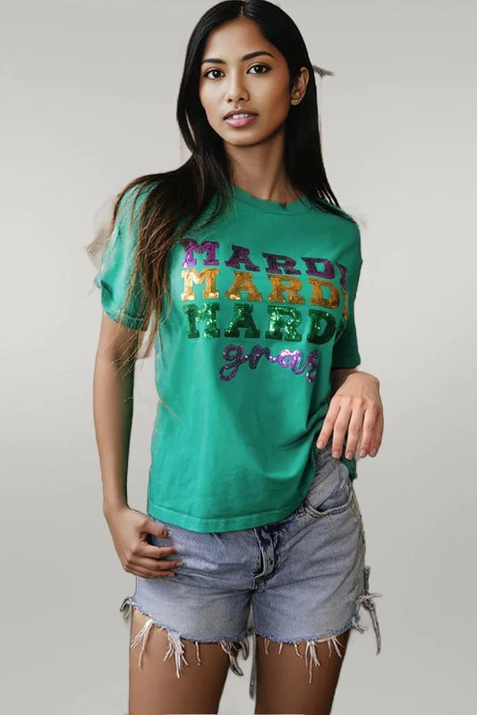 Sea Green Sequin Mardi Gras Letter Graphic T Shirt Sea Green 95%Cotton+5%Elastane