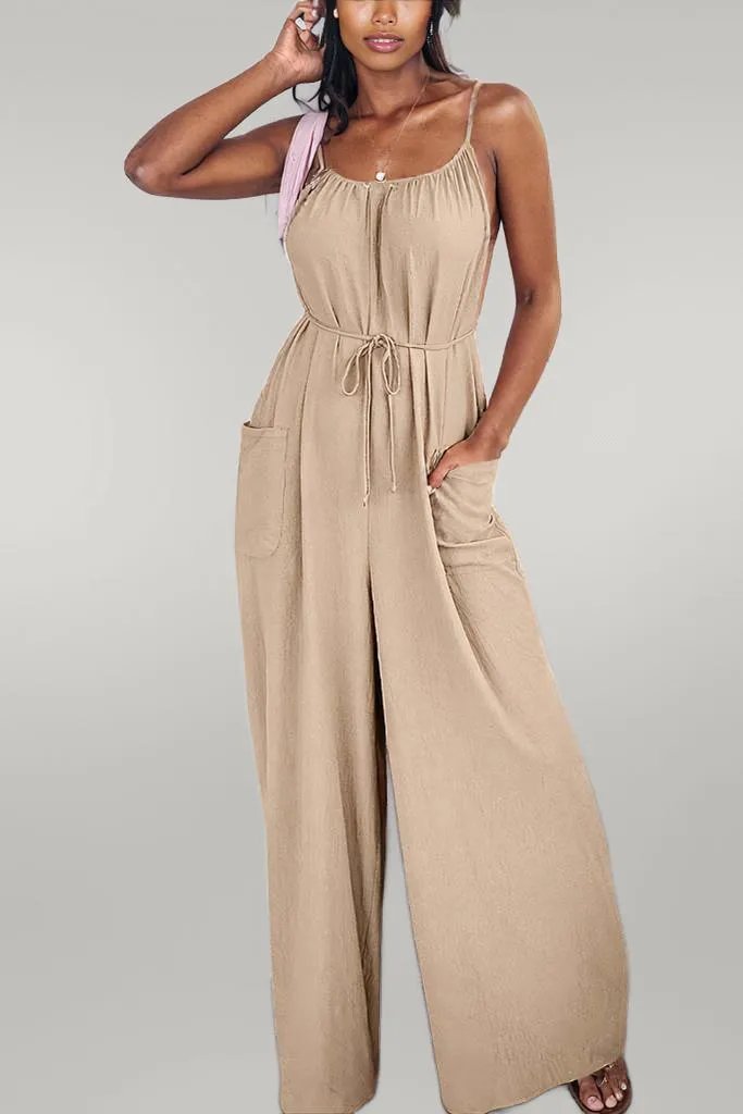 Apricot Spaghetti Straps Waist Tie Wide Leg Jumpsuit with Pockets Apricot 100%Polyester