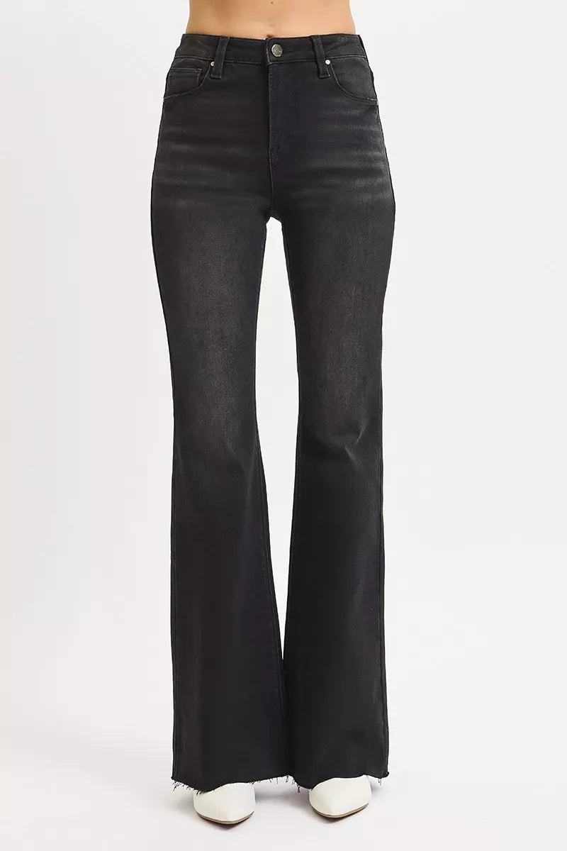 RISEN Full Size High Rise Flare Raw Cut Hem Jeans Plus Size BLACK