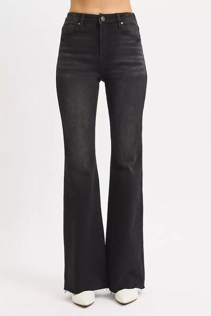 RISEN Full Size High Rise Flare Raw Cut Hem Jeans Plus Size BLACK