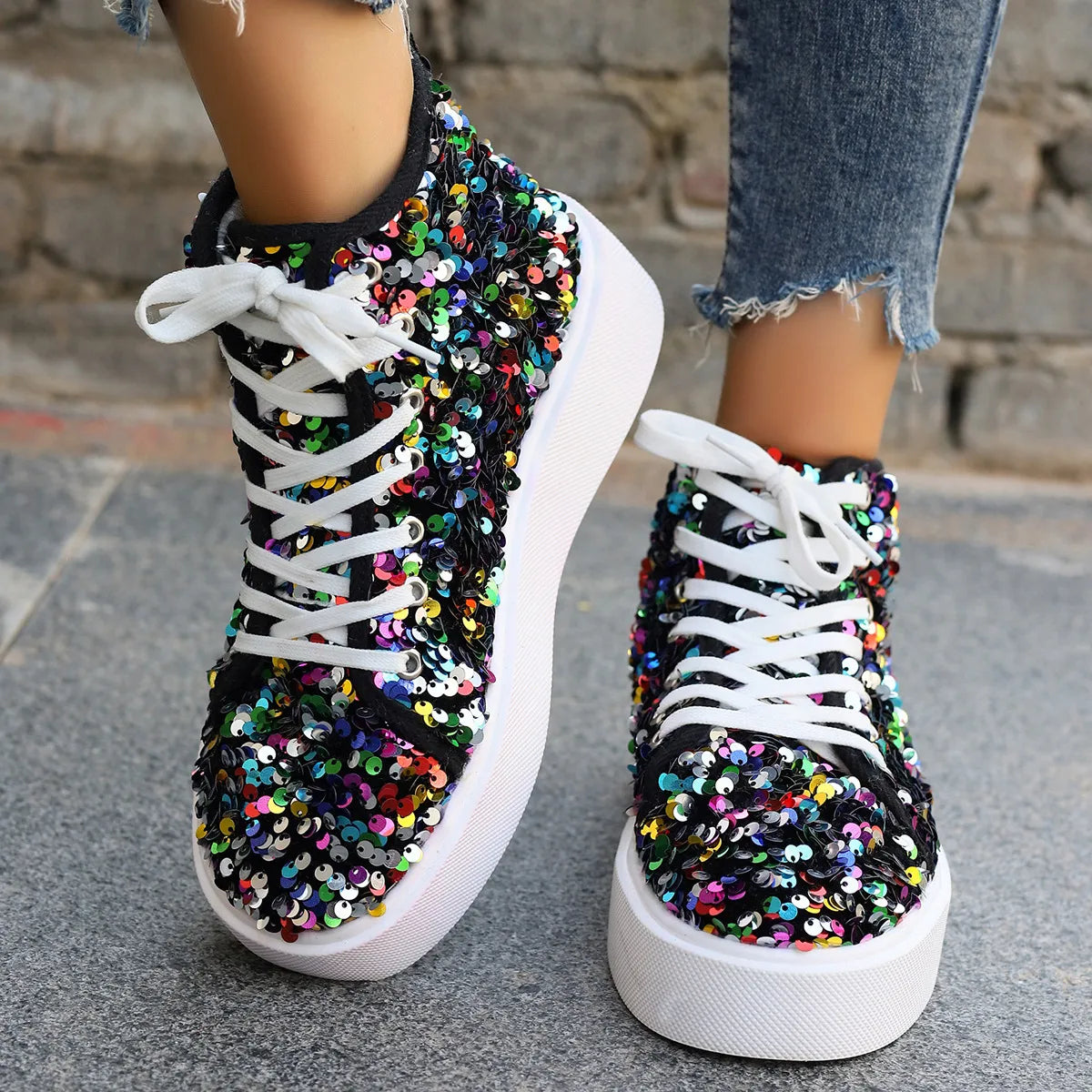 Sequin Round Toe Platform Sneakers Color