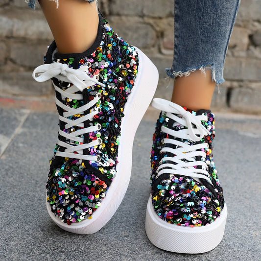 Sequin Round Toe Platform Sneakers Color