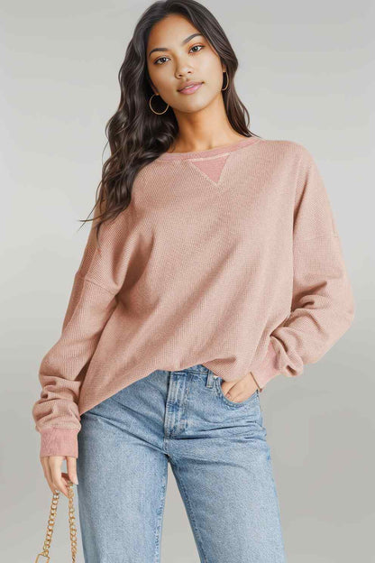 Waffle-Knit Long Sleeve Sweatshirt