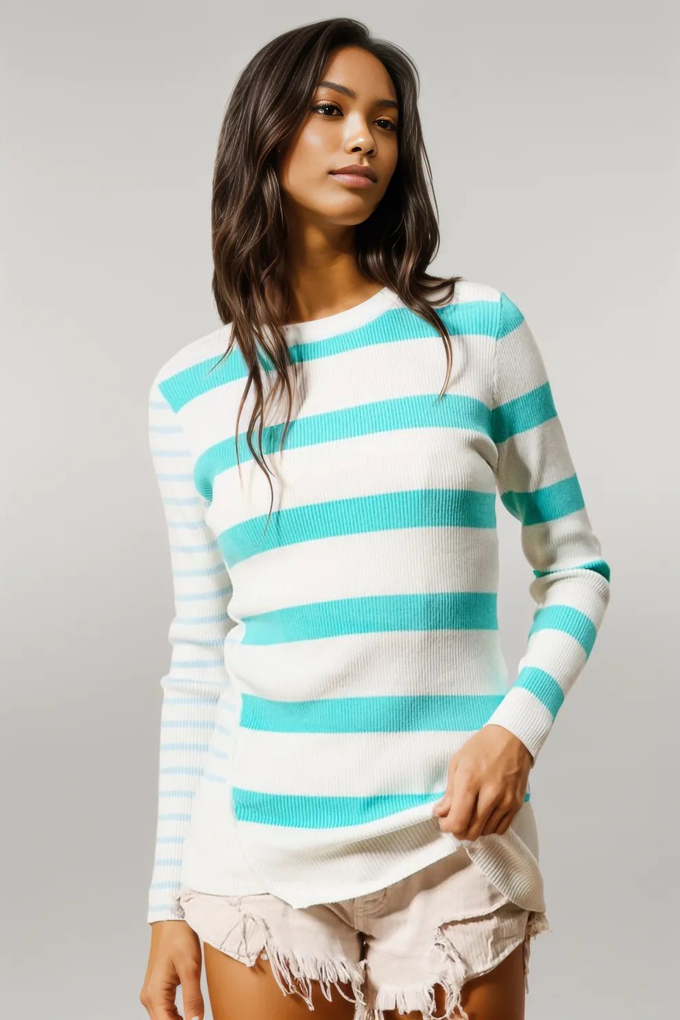 BiBi Contrast Striped Asymmetrical Hem Knit Top