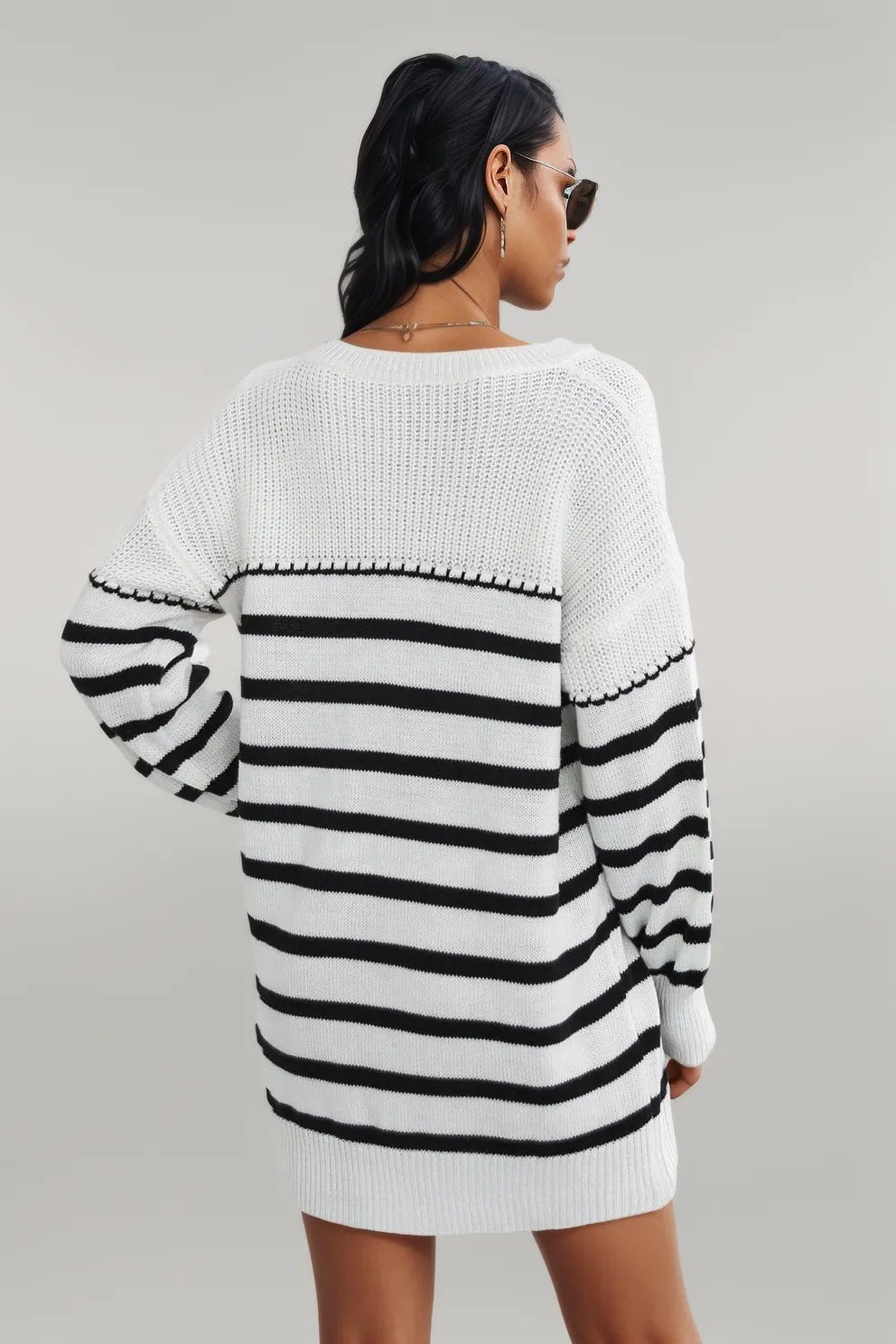 Striped V-Neck Drop Shoulder Sweater Dress