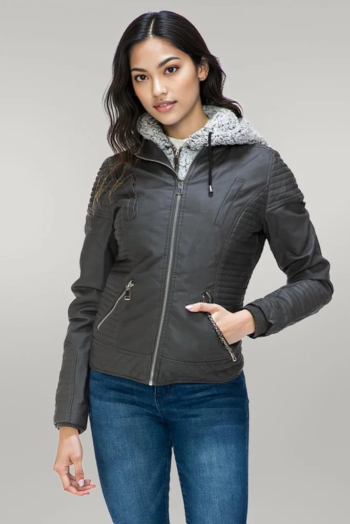 YMI Faux Layered Double-Zipper Jacket with Fuzzy Hood