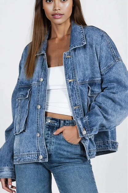 Collared Neck Button Up Denim Jacket Sky Blue
