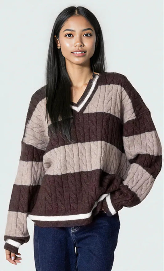 Striped Cable Knit V-Neck Sweater Brown