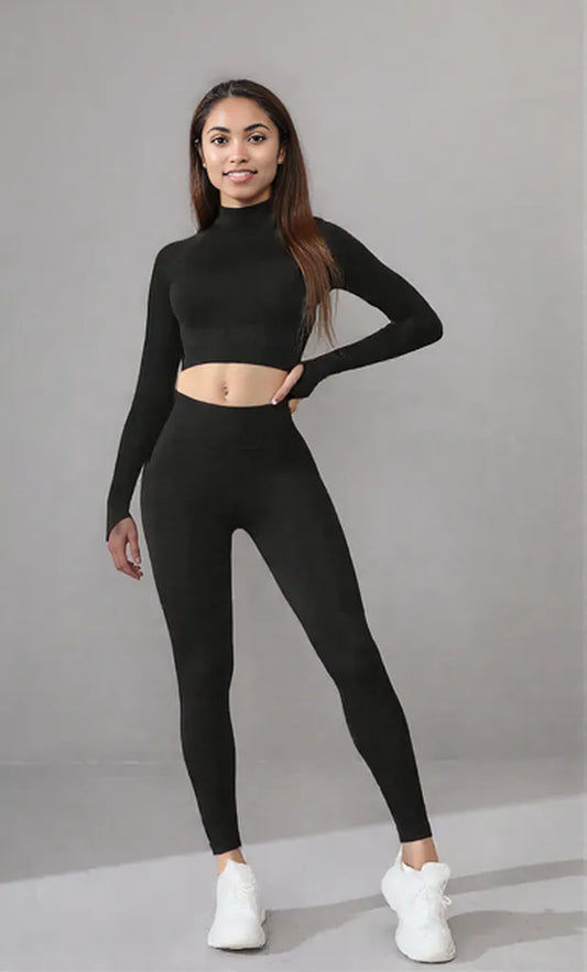Mock Neck Long Sleeve Top and Leggings Active Set Black