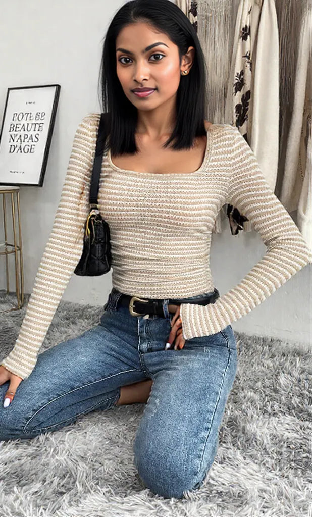Striped Square Neck Long Sleeve T-Shirt