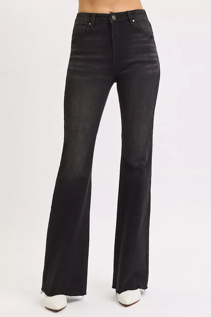 RISEN Full Size High Rise Flare Raw Cut Hem Jeans Plus Size BLACK