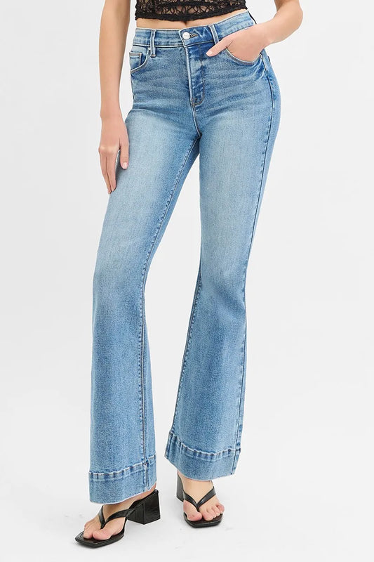 RISEN Full Size Tummy Control Elastic Band High Rise Flare Jeans MEDIUM