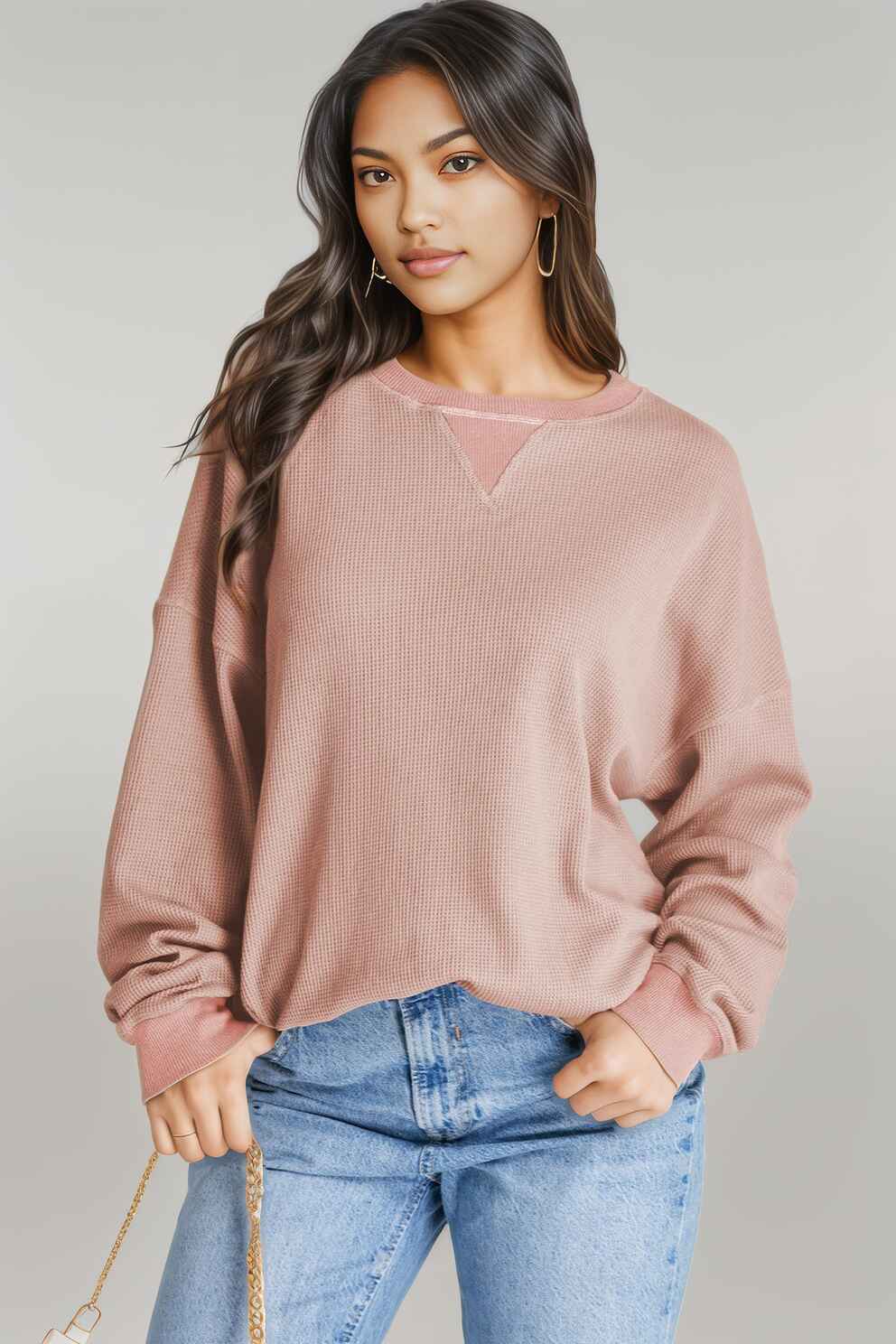 Waffle-Knit Long Sleeve Sweatshirt Dusty Pink