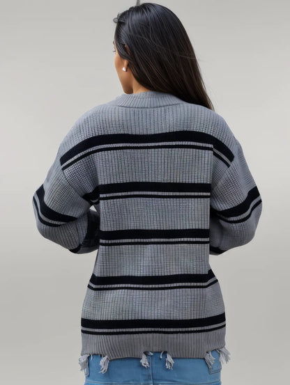 Striped Frayed Hem Round Neck Sweater