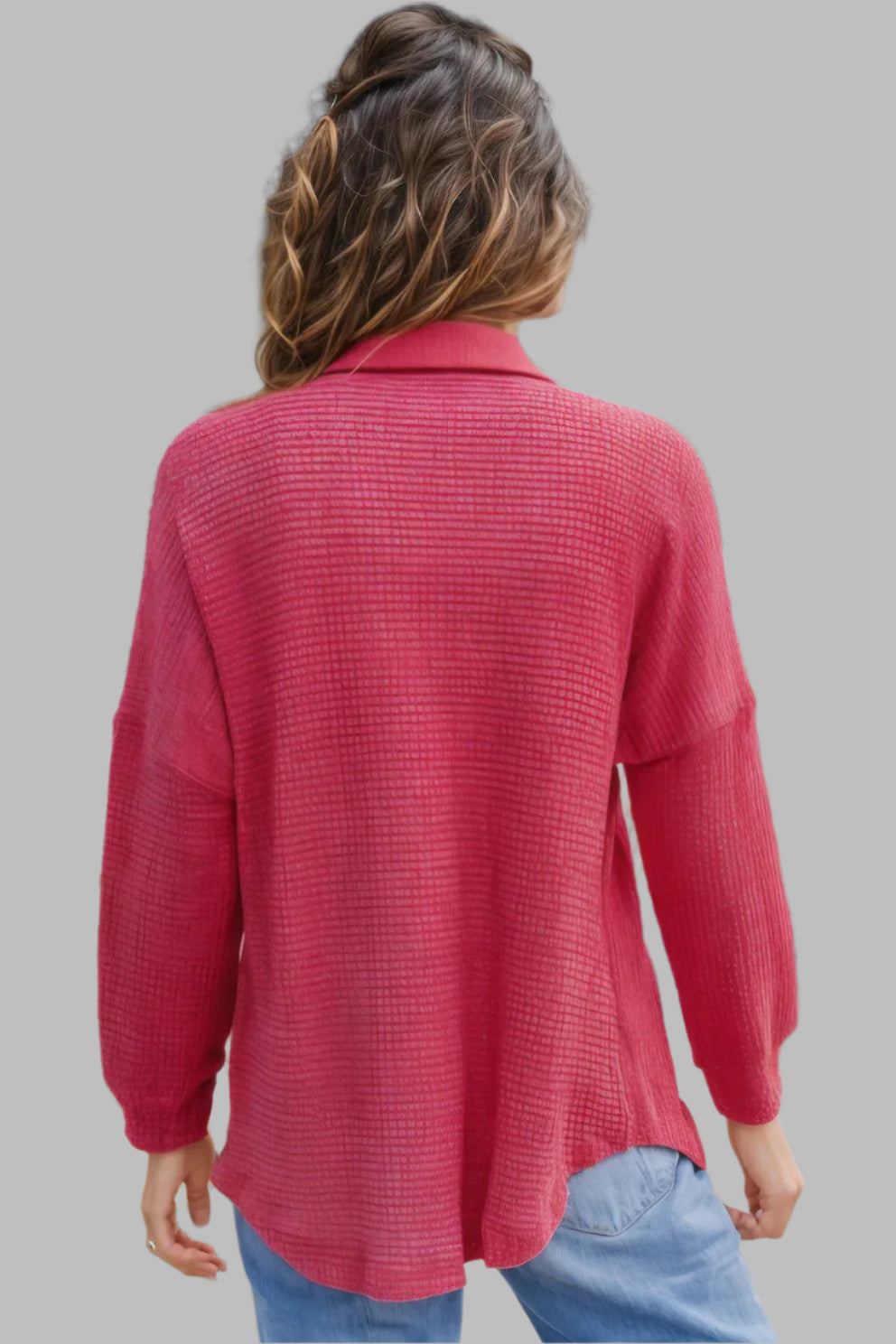 Waffle-Knit Collared Neck Dropped Shoulder Shirt