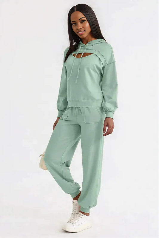 Cutout Drawstring Hoodie and Joggers Active Set Light Green