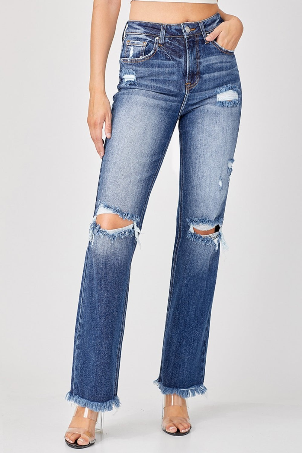 Risen Full Size Raw Hem Distressed Straight Jeans - Jeans - Trendsi - Deep Blue - 3XL - 100100408391238