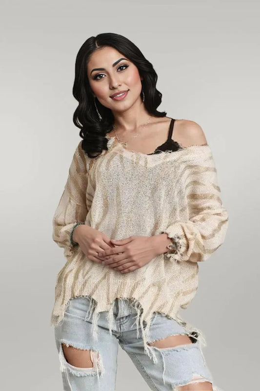 ADORA Frayed Zebra Knit Top IVORY LT GOLD