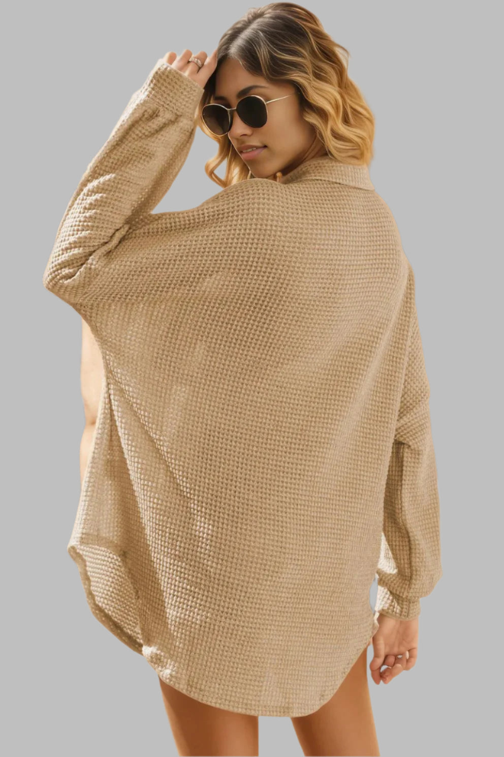 Waffle-Knit Collared Neck Dropped Shoulder Shirt