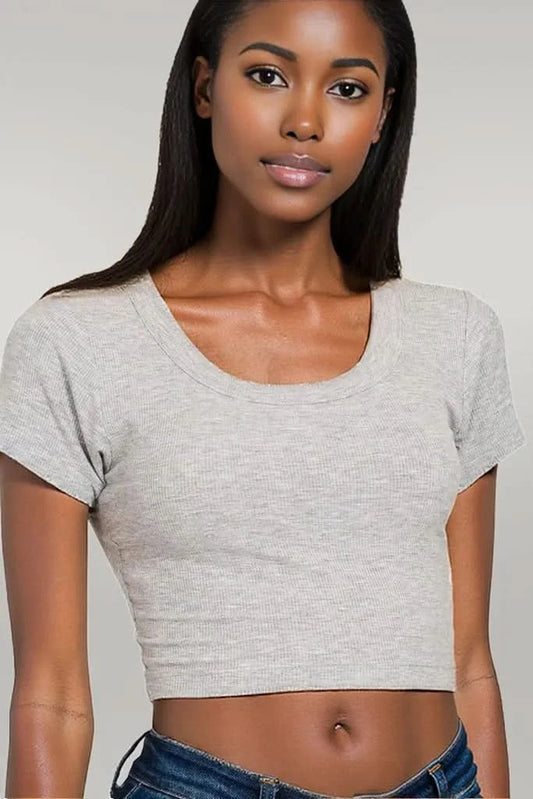 Zenana Ribbed Scoop Neck Crop Short Sleeve Top H GREY