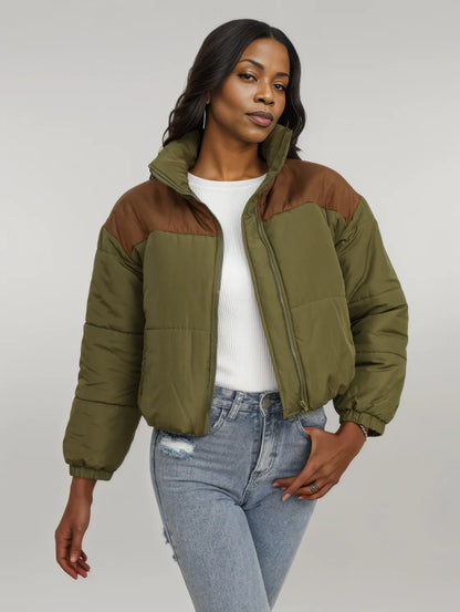 Two-Tone Zip-Up Puffer Jacket Army Green