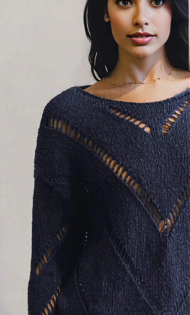 Openwork Boat Neck Long Sleeve Sweater