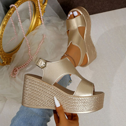 Peep Toe Cut Out Wedge Sandals Gold