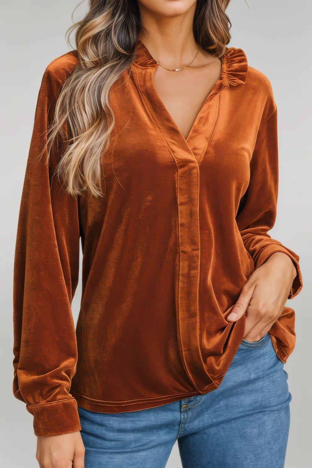 Notched Frill Detail Long Sleeve Blouse